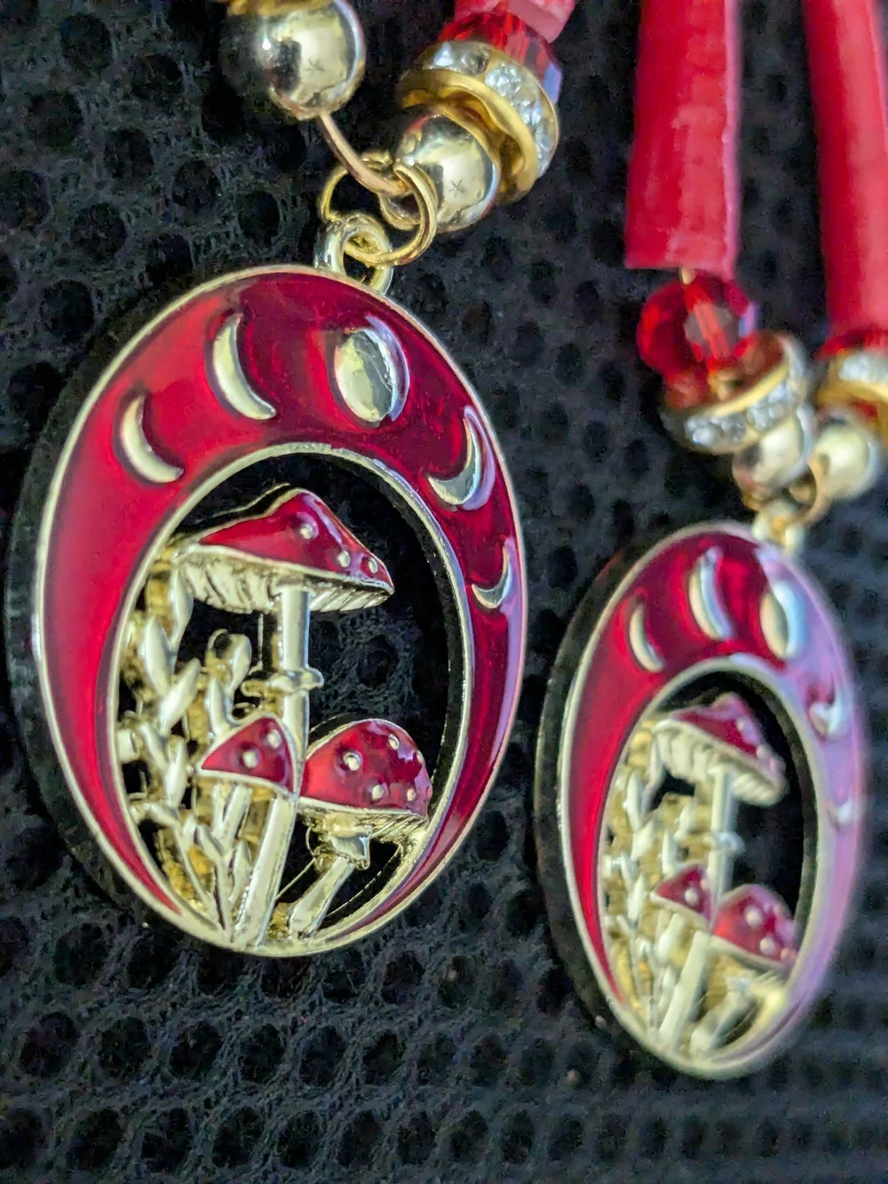 Native American Red & Gold Mushroom Moon Drop Dentalium Shell Earrings